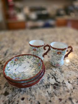 Vintage Japanese Hand-Painted Porcelain Cups & Saucers - Set of 5