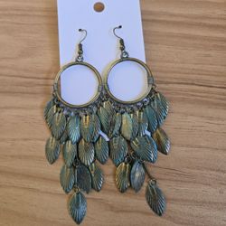 Turquoise Earrings Antique Gold Style Chic Leaves Dangle Hook NEW 