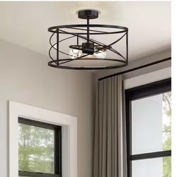 14.57 in.3-Light Matte Black Semi- Flush Mount with Drum Cage for Bedroom Hallway