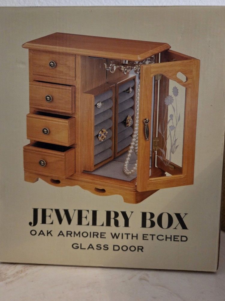 Jewelry Box Oak Armoire with Etched Glass NIB 2003 Target