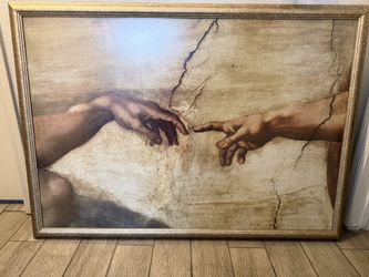 Large Framed Michelangelo “Creation of Adam” Print – Vintage Distressed Style, Deck the Walls Frame
