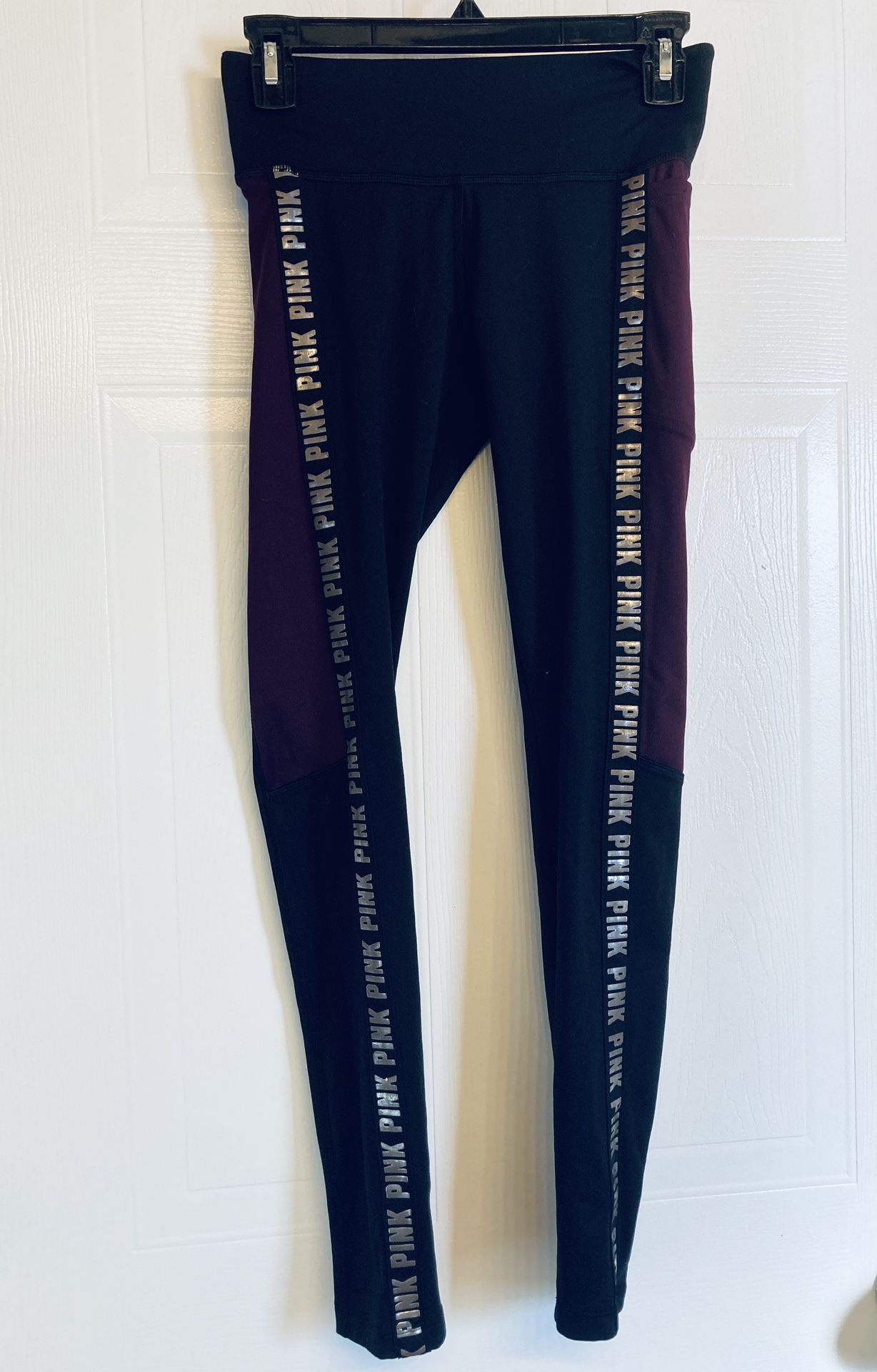 Victoria Secret PINK Fleece Lined Cozy Leggings Size XS Black Burgundy Logo