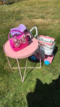Kids pink folding table cart car and girls bag