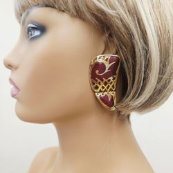 80s Vintage EDGAR BEREBI Oversized Jumbo Earrings in Gold and Burgundy Enamel