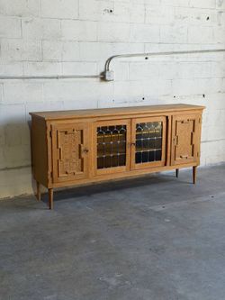 Vintage Danish Oak Sideboard Cabinet by Henning, Brutalist Leaded Glass Credenza