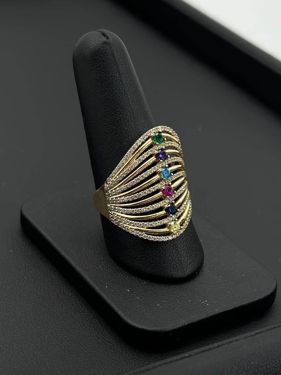 14k yellow solid gold Multi-Colored Cocktail Gem stones Ring sz 11 5.3 grams