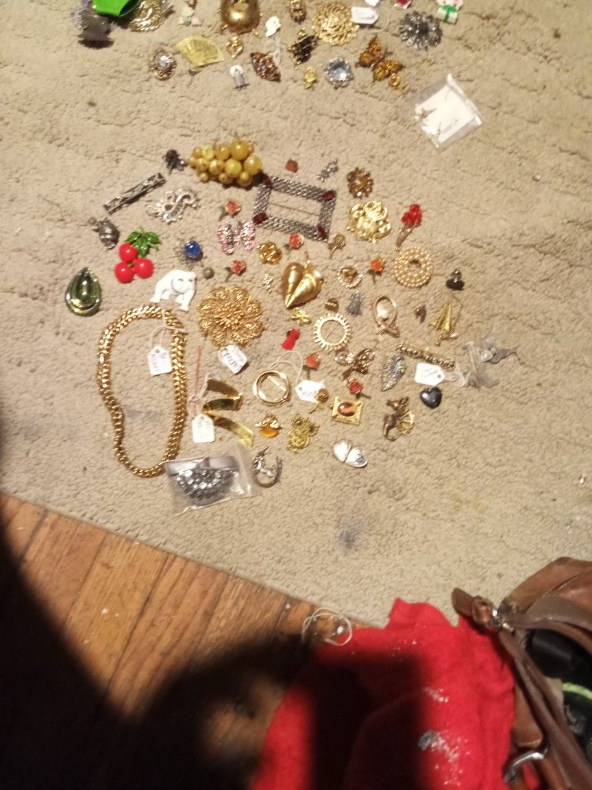 55 Vintage Items .dress Clips.broaches.pins . Monet Necklace. Lockets. Pendants