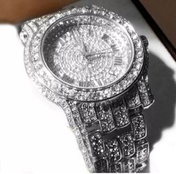 Mens 14k white Gold Tone Pave Simulated Hip Hop Watch