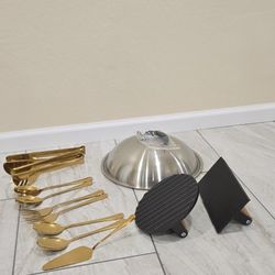 BBQ Tool Set Grill Press & Cover + Dinner Serving Gold  Set. All For $30.