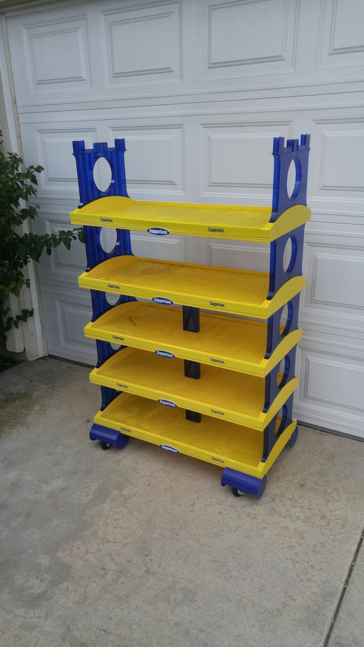 Yellow and blue plastic shelf