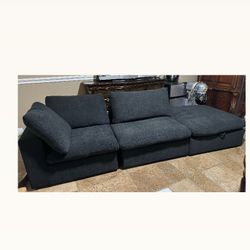 Modular Square Arm 3-Piece 30% Linen Down Filled Seperable 3-Seater Rectangle Sectional Sofa Couch in Black