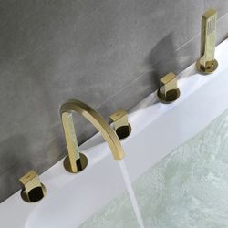 Gold Modern Bath Mixer Tap 3-Handle Deck Mounted 5-Hole Bath Filler Tap  Hand Shower Sh8)