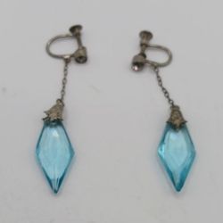 Vintage Blue Crystal, Sterling, Screwback Dangle Earrings