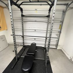 Weightlifting Rack, Bar, Adjustable Seat, And Weights