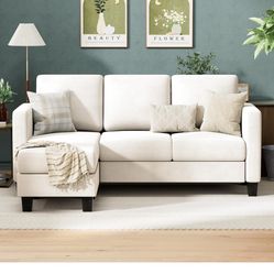 3 Seat L-Shaped Sofa with Linen Fabric Ottoman Small Couch for Small Apartments, Living Room and Office (Linen Fabric, white) 