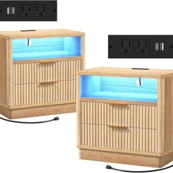24" Fluted Nightstand Set of 2 with Charging Station, Modern LED Night Stand Set 2, Wood Oak Bedside Table with Drawers and USB Port for Bedroom 