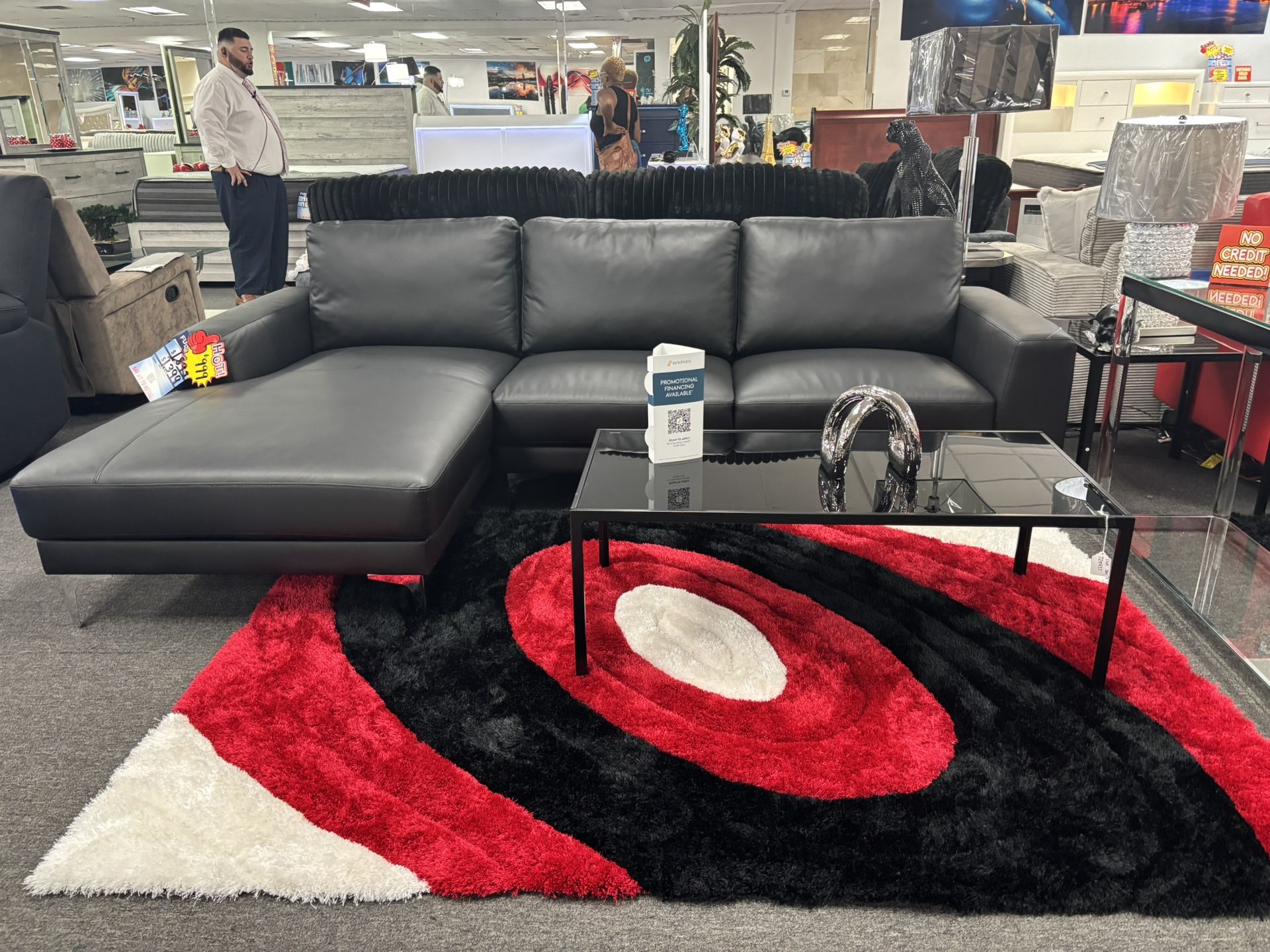 L-Shaped Black Real Leather Sectional Sofa ( Furniture Set Up) For Sale 50% Off