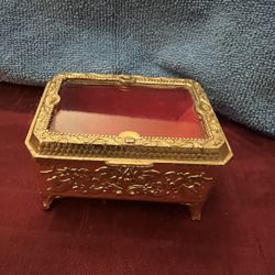 Vintage Ormolu Flower Filigree Beveled Glass Vanity Trinket or Jewelry Box EUC