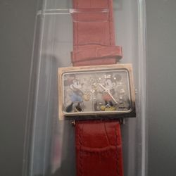 Vintage Rectangular Disney Mickey Mouse and Minnie Mouse Watch With Red Strap