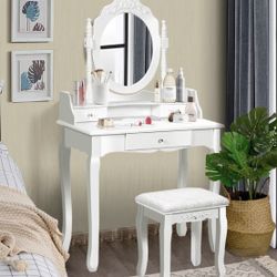 Makeup Vanity Table with Mirror and Stool, Girls Makeup Table with Round Mirror, 3 Drawers, Wood Legs, Cushioned Stool