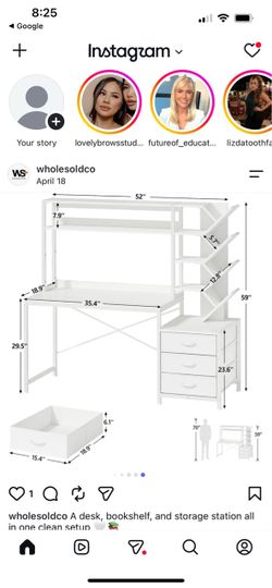 52" Computer Desk with Bookshelf, 5 Drawers ＆ Hutch for Bedroom White Office Desk with Printer Shelf, Study Writing Desk with Storage Shelves