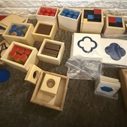 Montessori Educational Toy Set Includes Wooden blocks and shapes for learning and play. Different cards and wooden cubes
