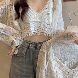 Boho Bohemian Crop Crochet Lace Top / V-Neck Button-Up Lace Cardigan
