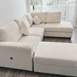 Ivory Corduroy Sectional Sofa With Storage Ottoman New