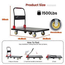 25.5x43.5 Platform Truck, Foldable Handcart with 5'' TPR 360-Degree Silent Wheels, 1500lbs Heavy-Duty Push Dolly Cart, 5 Steel Load-Bearing Beams for 