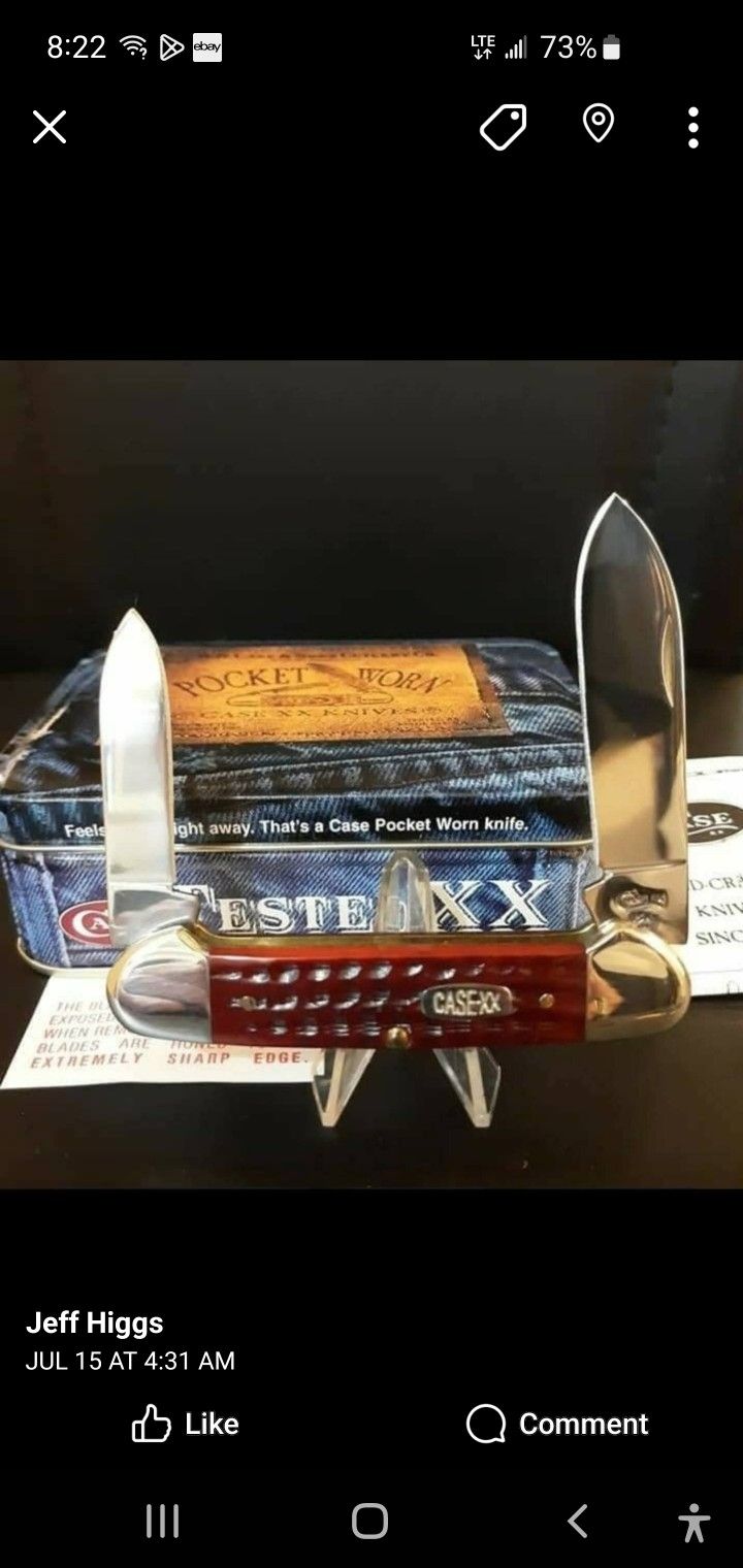 GORGEOUS '99 CASE POCKET-WORN POPCORN JIGGED REDBONE FULL SIZE CANOE, IN COLLECTORS TIN WITH PAPERWORK 