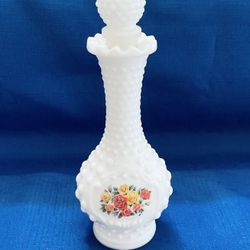 Beautiful Vintage Hobnail Milk Glass Small Decanter/ Perfume Bottle With Stopper 
