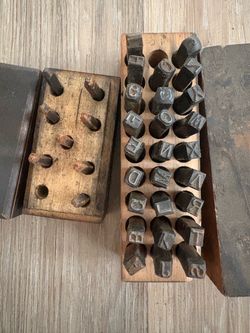 Vintage Metal Letter Stamp Set with Wood Holder
