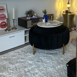 BLACK VELVET STORAGE OTTOMAN WITH REVERSIBLE WOOD TABLE TOP OPTION