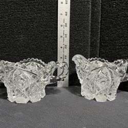 Vintage Deep Cut Glass Crystal Hobstar w/ Sawtooth Edge Creamer & Sugar Bowl 