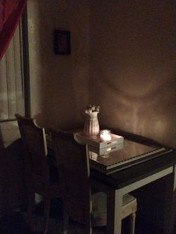 Shabby chic kitchen table with 2 chairs nice gray top white on legs