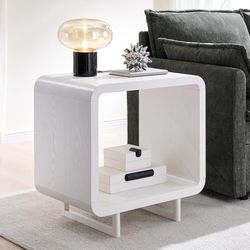 23.6" Modern End Table, 2 Tier Side Table with Charging Station, Simple Bedside Table with Open Storage Shelf, Outlet, Wooden Nightstand for Bedroom, 
