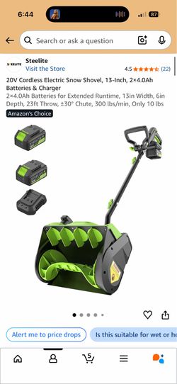 Steelite 20V Cordless Electric Snow Shovel 13” with 2 Batteries