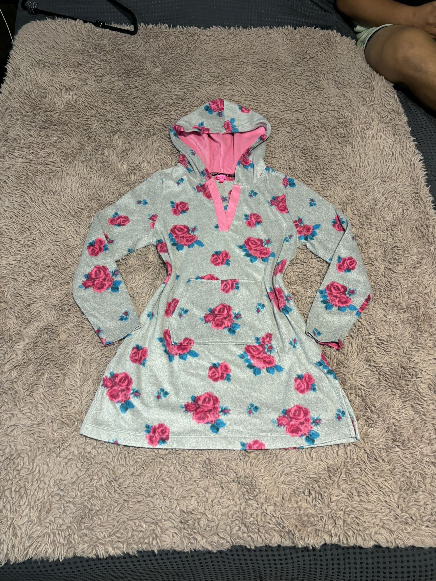 Betsey Johnson Women Gray Floral Fleece Tunic Sleep Dress