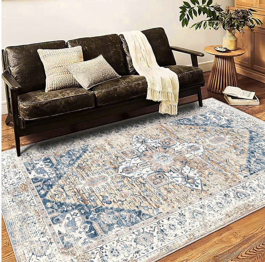 Washable Vintage Area Rug 6x9 Boho Chic Medallion Distressed Design Non-Shedding Easy Care Ideal for High Traffic Areas in Living Room Bedroom Kitchen