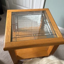 Beveled Glass And Oak Side Table