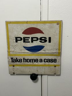 Vintage Pepsi "Take Home A Case" double-sided metal advertising sign measuring approximately 17" x 16". Original store advertising piece