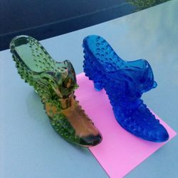 FENTON GLASS SHOES With CAT Antique Vintage Blue Green Glassware  Shot Glass Boot 