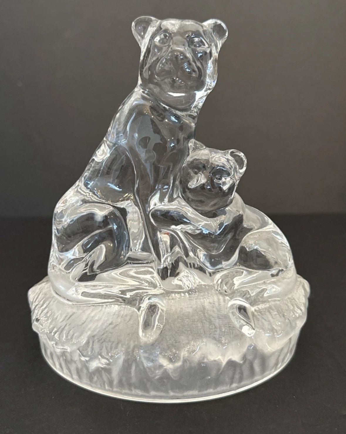 Vintage Italian Royal Crystal Rock Crystal Lioness & Cub on Frosted Glass Base