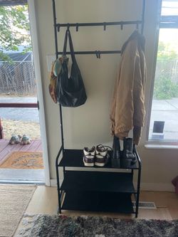 IKEA black coat rack / shoe rack with shelves