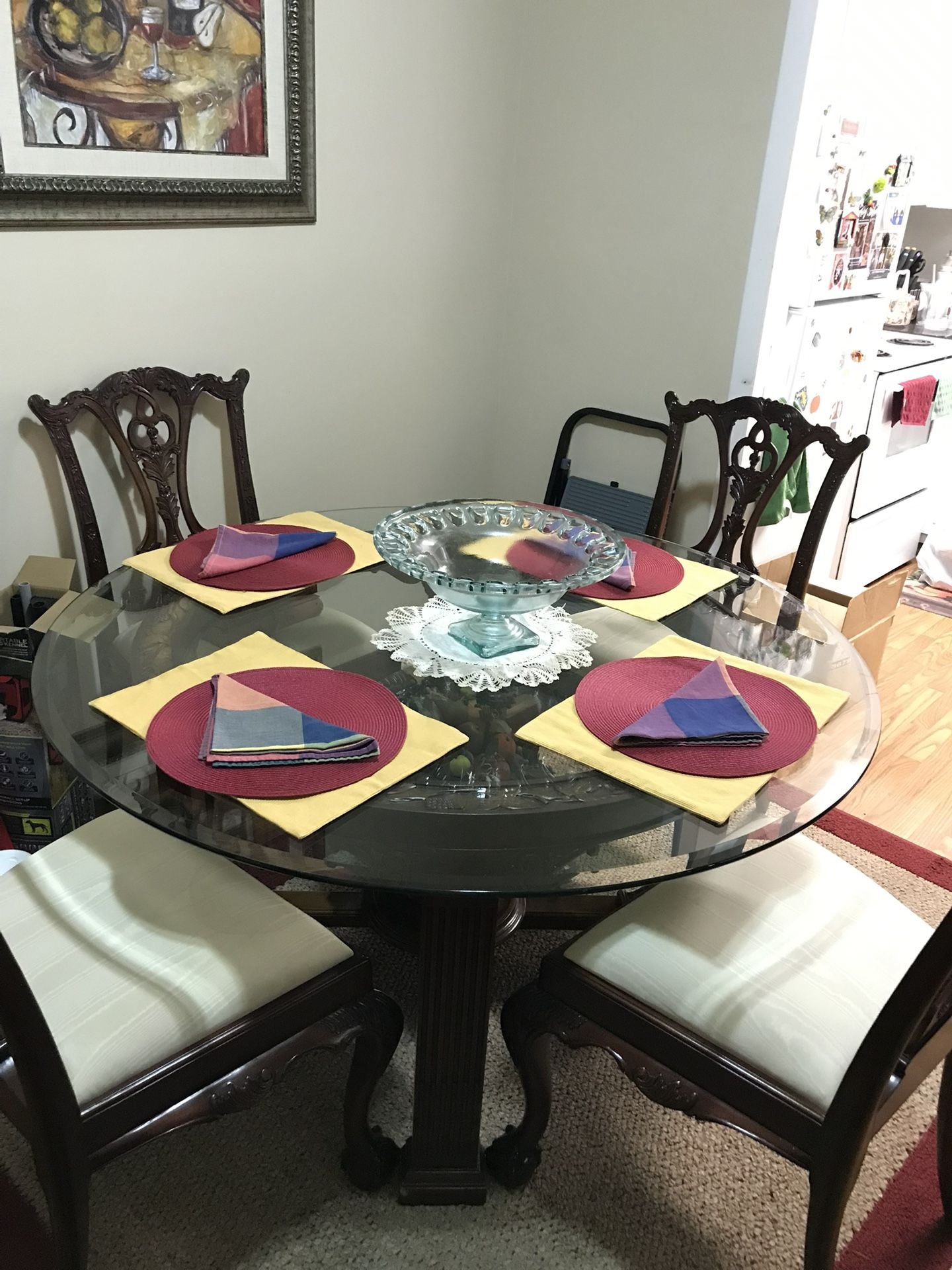 Round glass dining table.