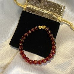 Real 999 24K Yellow Gold Bracelet 3D Pixiu Bead with Agate Beads Bracelet 6.3"L