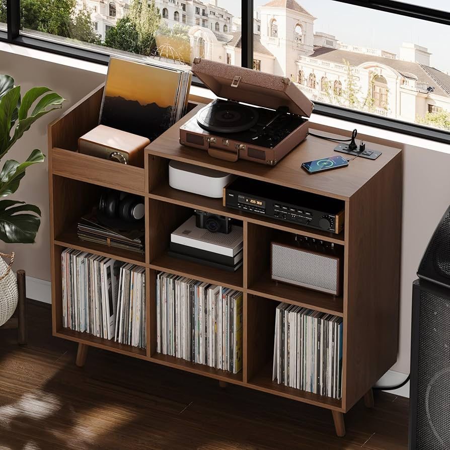 Large Record Player Stand, Vinyl Storage Cabinet Mid Century Modern Turntable Stand Media Console Table Open Shelf Cube CD Album Holder Organizer for