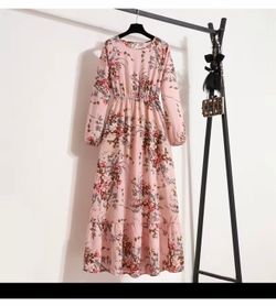 Women's Long Sleeve Floral Maxi Dress (Blush Pink