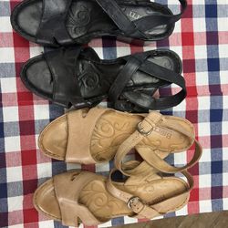 Gently Worn 2 Pairs Of Woman’s Leather Sandals W/heel By Born 