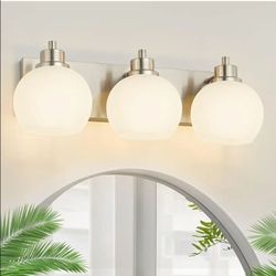 9889: New Bathroom Light Fixtures, Brushed Nickel Vanity Light 3 Light with Milk Glass Shade, Over Mirror Lighting for Bathroom